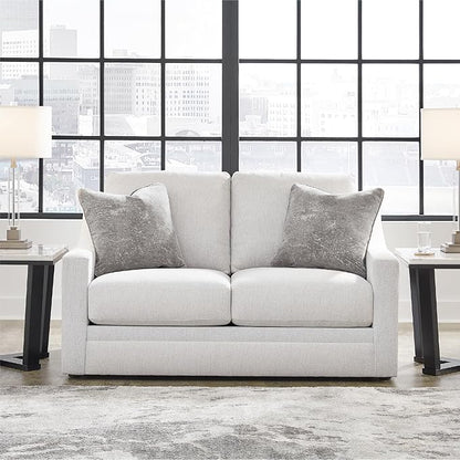 Signature Design by Ashley Maitelynn Contemporary Loveseat with Accent Pillows, Reversible Cushions and Sloped Arms, Light Gray