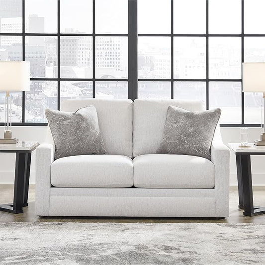 Signature Design by Ashley Maitelynn Contemporary Loveseat with Accent Pillows, Reversible Cushions and Sloped Arms, Light Gray