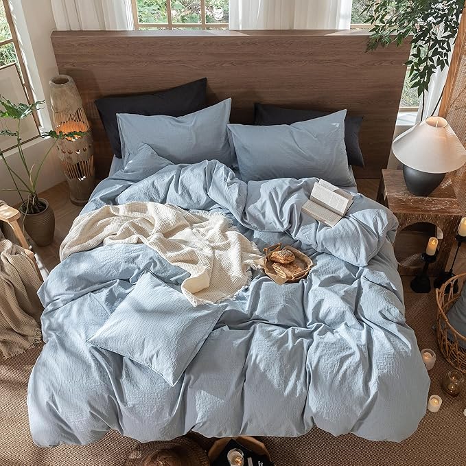 MooMee Wavy Striped Duvet Cover Set 100% Washed Cotton Linen Like Textured Breathable Durable Soft Comfy (Cornflower Blue, Super King 108"x98")