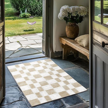 EVERGRACE Checkered Plaid Area Rug 2x3, Soft Fuzzy Faux Wool Rugs Washable Anti Slip Rugs Small Rug Carpet for Entryway Bedroom Living Room Hallway Kitchen Dining Room and Laundry Room, Beige