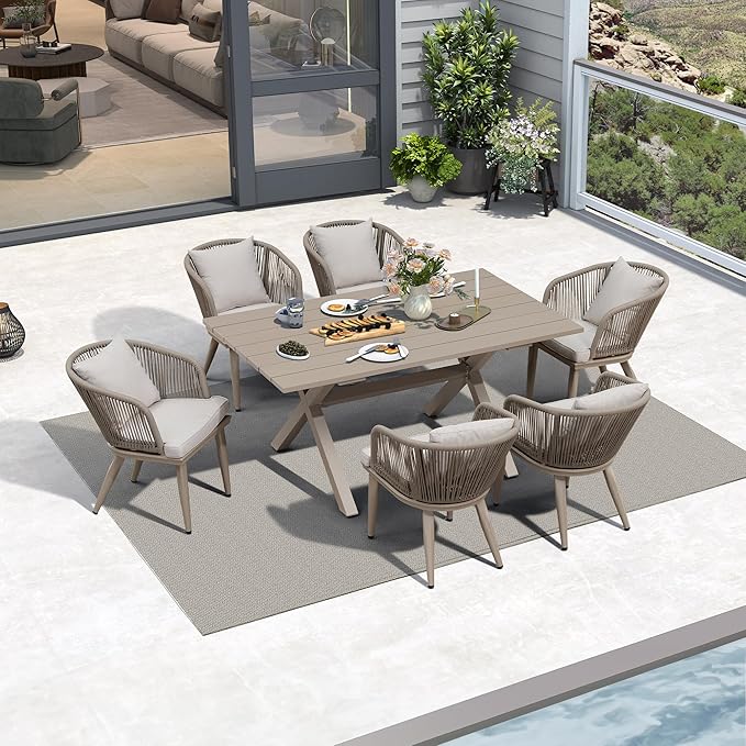 PURPLE LEAF 7 Pieces Patio Dining Table Set Wicker Outdoor Furniture Rectangular Table and Chairs Set for Garden Deck Aluminum Frame Backyard Kitchen Set, Cushions and Pillows Included Champagne