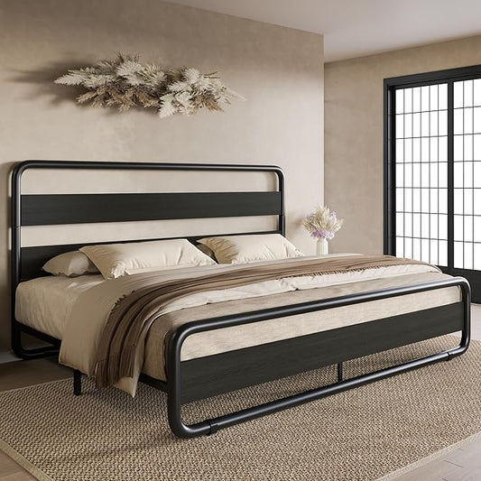 SHA CERLIN King Size Metal Bed Frame with Wooden Headboard and Footboard, Heavy Duty Platform Bed Frame with 10" Under-Bed Storage, Noise-Free, No Box Spring Needed, Black