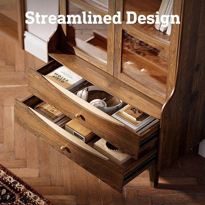 STO'SENSE 73" Tall Arched Bookshelf with LED Lights,4-Tier Modern Farmhouse Arched Bookcase with Glass Doors and Shelves,Wooden Display Cabinet with 2 Drawers for Living Room, Dining Room (Walnut)