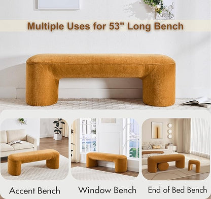 3-Piece Nesting Upholstered Bench with 2 Stools, 53" Chenille Accent Chair Waterfall Bench Modern End of Bed Entryway Bench Bedroom Bench for Living Room Vanity, Burnt Orange, No Need to Install