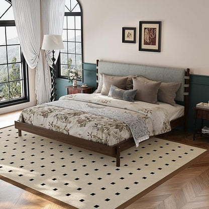 Premium Rubber Wood Platform Bed Frames, King Size Headboard Included, Mid Century Modern Beds, Walnut+Light Grey