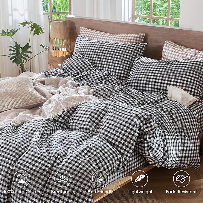 MooMee Gingham Duvet Cover Set 100% Washed Cotton Linen Like Textured Breathable Durable Soft Comfy Modern Checkered Design (Black White Gingham, Cal King 104"x98")