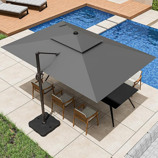 9x12FT Cantilever Patio Umbrella - Heavy Duty Double Layer Offset Design with 360° Rotation, Large Rectangle Sun Shade Umbrella for Garden, Deck, Pool, Backyard, Grey