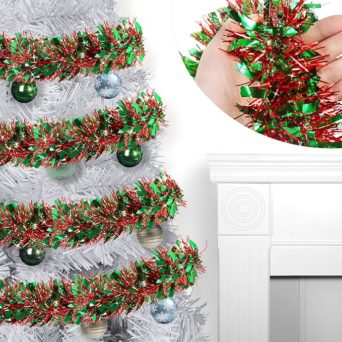 50FT Christmas Tinsel Garland - Metallic Twist Garland for Christmas Tree Decorations, Xmas Tree Decor for Home Indoor Outdoor Holiday Party Supplies (Green and Red)