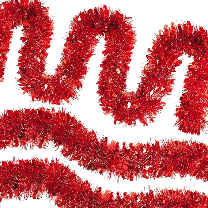 CANREVEL 4 Pieces 26.2 Ft Christmas Garland Metallic Shiny Twist Tinsel Garland Hanging Decorations for Christmas Tree, Mantle, Stairs Railing Decorations - Red