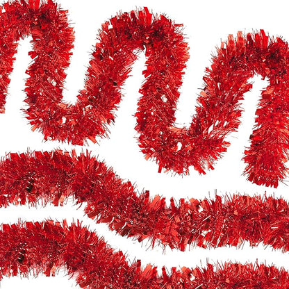 CANREVEL 4 Pieces 26.2 Ft Christmas Garland Metallic Shiny Twist Tinsel Garland Hanging Decorations for Christmas Tree, Mantle, Stairs Railing Decorations - Red