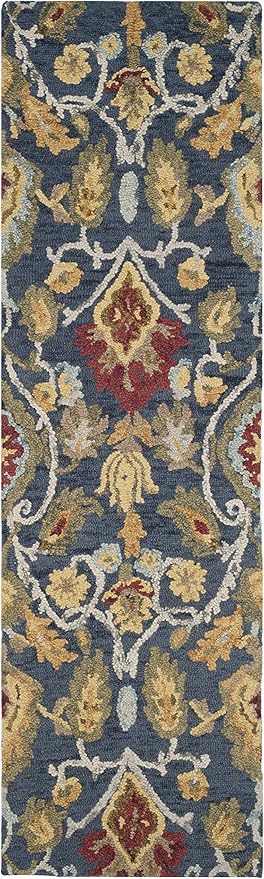SAFAVIEH Blossom Collection Runner Rug - 2'3" x 18', Navy & Multi, Handmade Wool, Ideal for High Traffic Areas in Living Room, Bedroom (BLM402A)