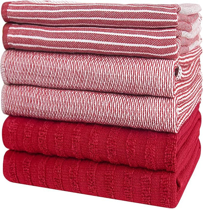 Premium Kitchen Towels 6 Pack Large Cotton Hand Towels Flat Terry Absorbent Tea Towels with Hanging Loop Red 20x28