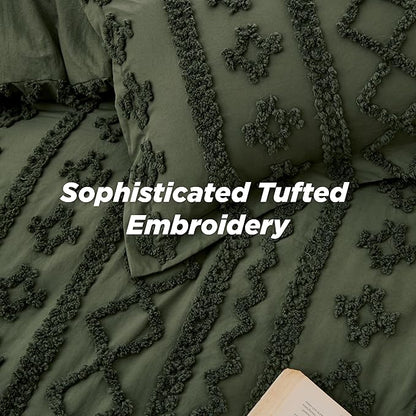 Bedsure Tufted Boho Comforter Set California King - Olive Green Boho Bed Set, GentleSoft™ 3 Pieces Farmhouse Shabby Chic Embroidery Bedding, Gifts for Woman, Soft Jacquard Comforter for All Seasons