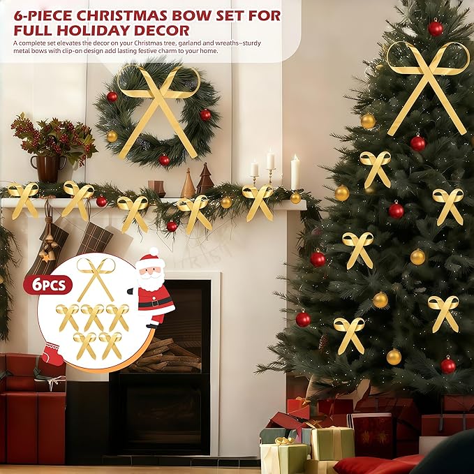 6 Pcs Large Christmas Metal Bow Tree Topper Ornaments with Clip, Bows-Gold Christmas Bow Decoration for Wreath, Garland, Indoor Outdoor,1 Large 5 Small Gold Bows (9.6x11.4 & 4.2x4.5 in)