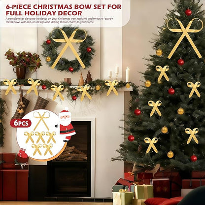6 Pcs Large Christmas Metal Bow Tree Topper Ornaments with Clip, Bows-Gold Christmas Bow Decoration for Wreath, Garland, Indoor Outdoor,1 Large 5 Small Gold Bows (9.6x11.4 & 4.2x4.5 in)