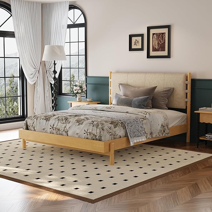 Premium Rubber Wood Platform Bed Frames, Queen Size Headboard Included, Mid Century Modern Beds, Beige