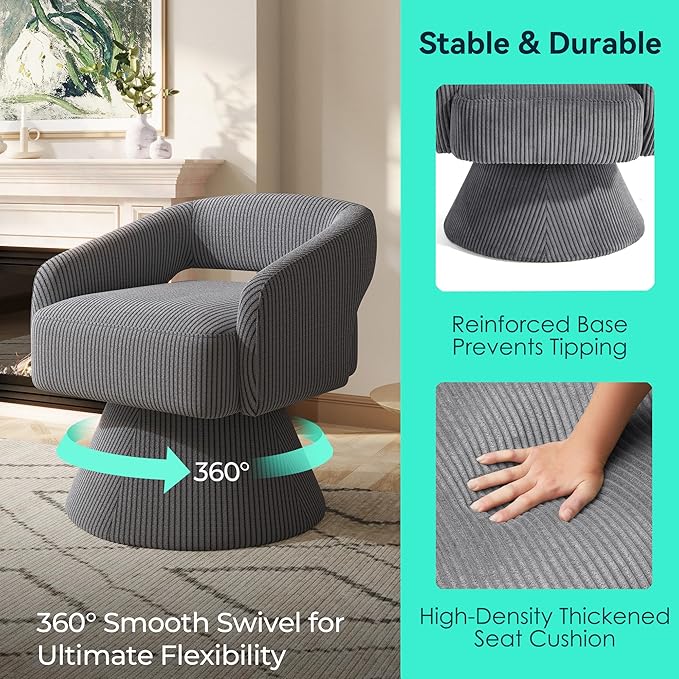 LINSY Swivel Barrel Chair, 360 Modern Swivel Accent Chair Boucle Swivel Chair Round Gray Corduroy Chairs with Arms, Small Barrel Chair for Small Spaces Bedroom Living Room
