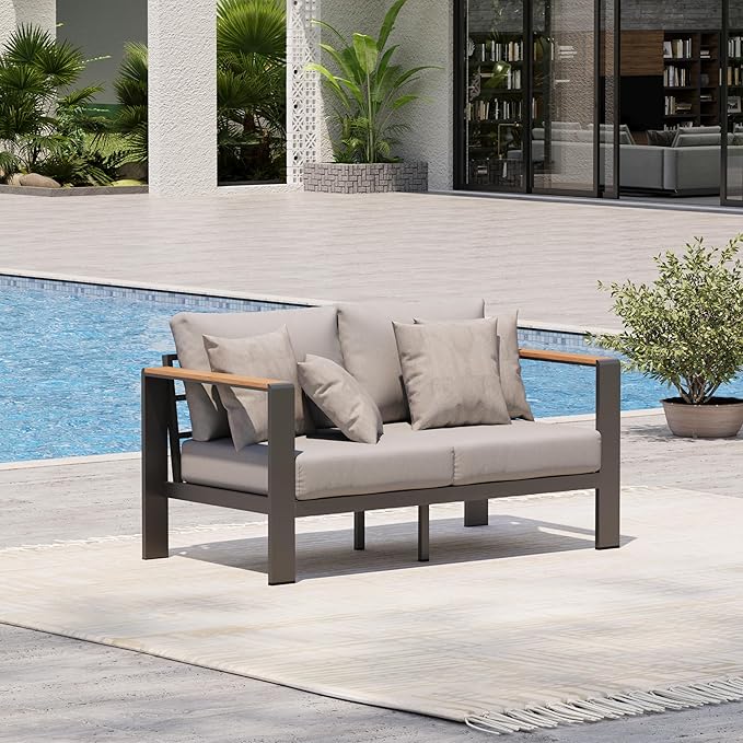 Aluminum Outdoor Patio Furniture Loveseat, All-Weather Outdoor Patio Chair with Washable Thick Cushion, Patio Outdoor Chair for Porch, Balcony, Deck, Yard, Gray