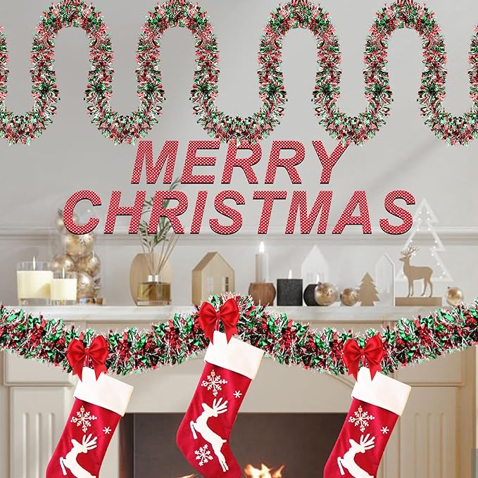 50 FT Christmas Tinsel Garland Christmas Decorations for Xmas Tree Decor Metallic Twist Shiny Hanging Garlands for Tree Mantel Stairs Fireplace Home Indoor Holiday Party Supplies (Red Green Silver)