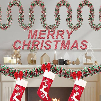 50 FT Christmas Tinsel Garland Christmas Decorations for Xmas Tree Decor Metallic Twist Shiny Hanging Garlands for Tree Mantel Stairs Fireplace Home Indoor Holiday Party Supplies (Red Green Silver)