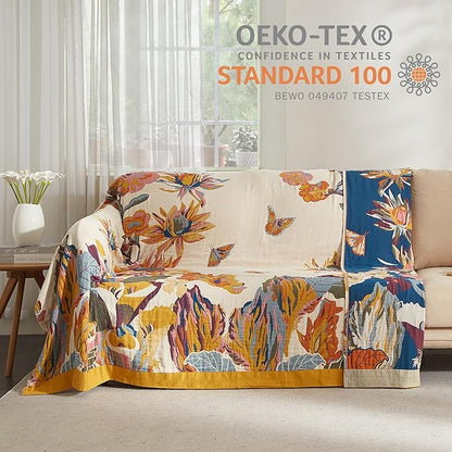 Boho Throw Blanket 100% Cotton Woven Ultra Soft 4-Layer Muslin Quilt Farmhouse Bed Blanket Cover 60"x80", Floral