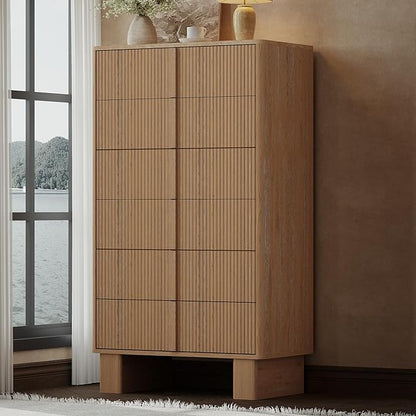 Fluted Dresser for Bedroom with 6 Drawers, 51'' H Modern Chest of Drawers with Wooden Handle, Wooden Dresser TV Stand, Wood Closet Clothes Storage Organizer for Living Room, Hallway, Natural Oak