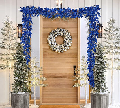 3 Pcs 6FT Christmas Garland Blue Glittered Artificial Holly Leaves for Mantle Christmas Tree Decorations Indoor Outdoor Hanging Garland Ornaments Garden Door Wall Window Stair Holiday Home Decor