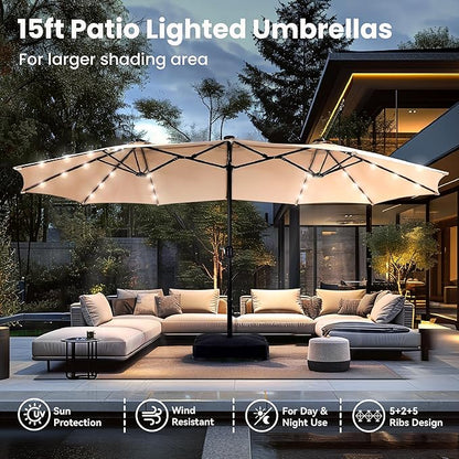 PHI VILLA 15ft Large Patio Umbrella with Base & Solar Lights, Double-Sided Outdoor Rectangle Umbrellas with 36 LED Lights, Umbrella for Outside with Stand, Beige