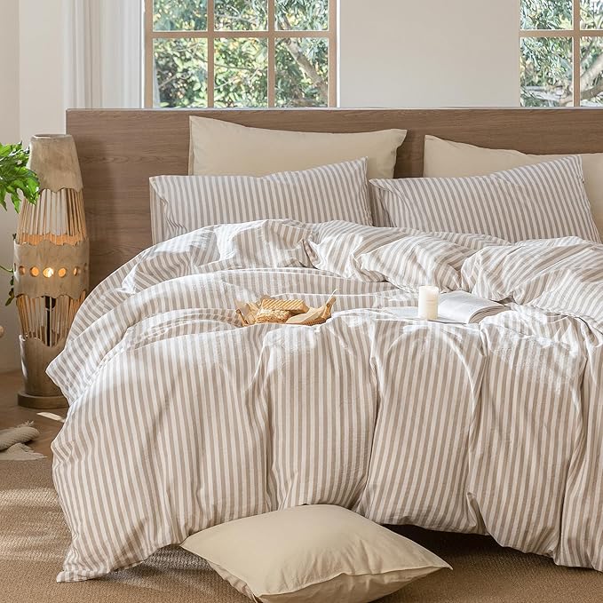 MooMee Striped Duvet Cover Set 100% Washed Cotton Linen Like Textured Breathable Durable Soft Comfy (Tannish Linen Grey White Classic Stripes, Alaska King 132"x120")