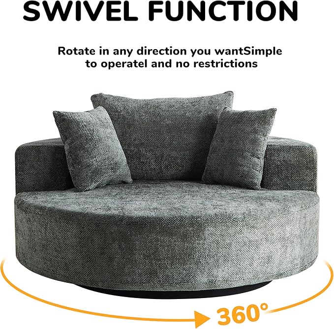 KEIKI 55" Oversized Swivel Accent Chair, Large Barrel Chairs Upholstered Round Swivel Chair, Chenille Single Sofa Armchair, Sleeper Chair for Living Room, Lounge, Green