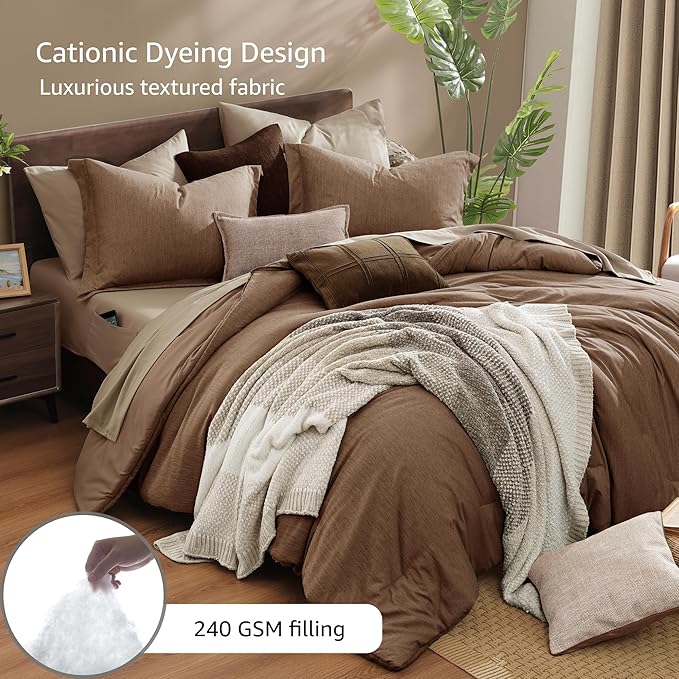 Monbix King Size Comforter Set, Brown King Bedding Set Reversible, King Comforter Set 7 Pieces, Cationic Dyeing Bed in a Bag with Comforter, Sheets, Pillowcases & Shams