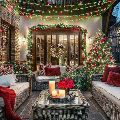 JMEXSUSS Connectable Red and Green Christmas Lights, 8 Modes 100 LED Twinkle String Lights Indoor, Clear Wire Plug-in String Lights Outdoor Waterproof