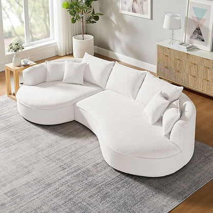 128'' Modern Curved Cloud Sofa Luxury Living Room 5 Seater Combo Sofa Cloud Curve Design Mid Century Upholstered Sofa with Ottoman for Living Room Bedroom Apartment (Boucle+Right Facing, White)