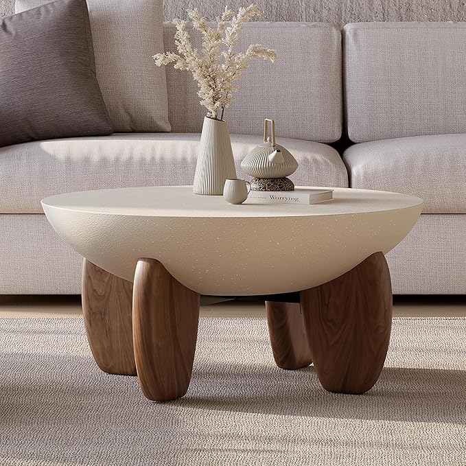 homary Round Concrete Coffee Table with Premium Walnut Ash Wood Legs, Modern Minimalist Cement Finish Center Table for Living Room