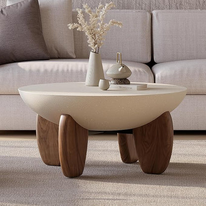 homary Round Concrete Coffee Table with Premium Walnut Ash Wood Legs, Modern Minimalist Cement Finish Center Table for Living Room