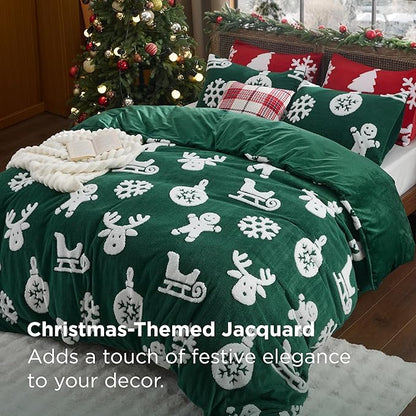 Bedsure Fluffy Christmas Duvet Cover Set - Ultra Soft Plush Shaggy Comforter Cover Queen Size, Warm Flannel Fleece Bed Sets for Winter, 3 Pieces, Gingerbread Man Pattern, Green