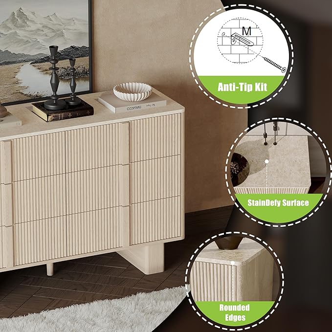 Fluted 6 Dresser for Bedroom, 47'' Modern Drawer Dressers with 2 Widened Reinforced Legs for Living Room, Hallway, Whitewashed Oak