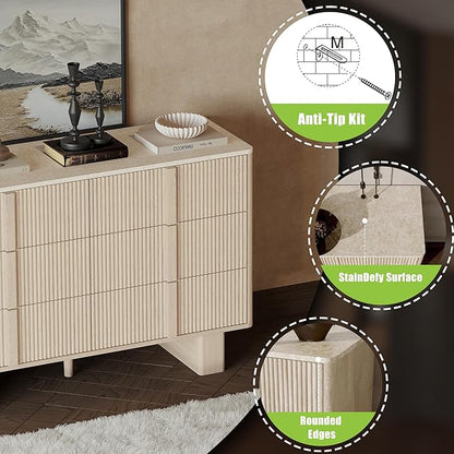 Fluted 6 Dresser for Bedroom, 47'' Modern Drawer Dressers with 2 Widened Reinforced Legs for Living Room, Hallway, Whitewashed Oak