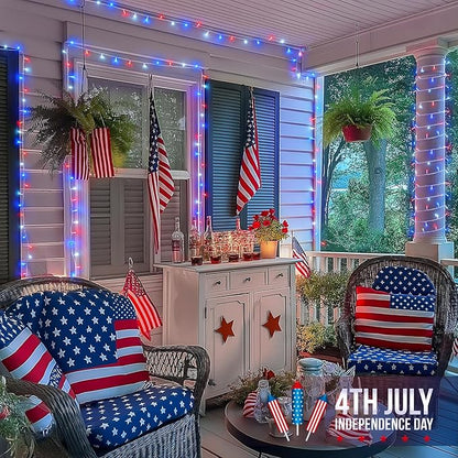 JMEXSUSS 4th of July Decorations Red White and Blue Lights, 33ft 100 LED String Light Indoor Plug-in, 8 Modes Patriotic 4th of July Lights for Indoor Outdoor Independence Day American Flag Holiday