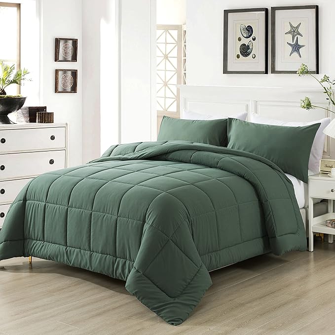 DOWNCOOL King Size Comforter Set -All Season Bedding Comforters Sets with 2 Pillow Cases -3 Pieces Bed Set Down Alternative King Bedding Set -Sage Green King Comforter Set(102"x90")