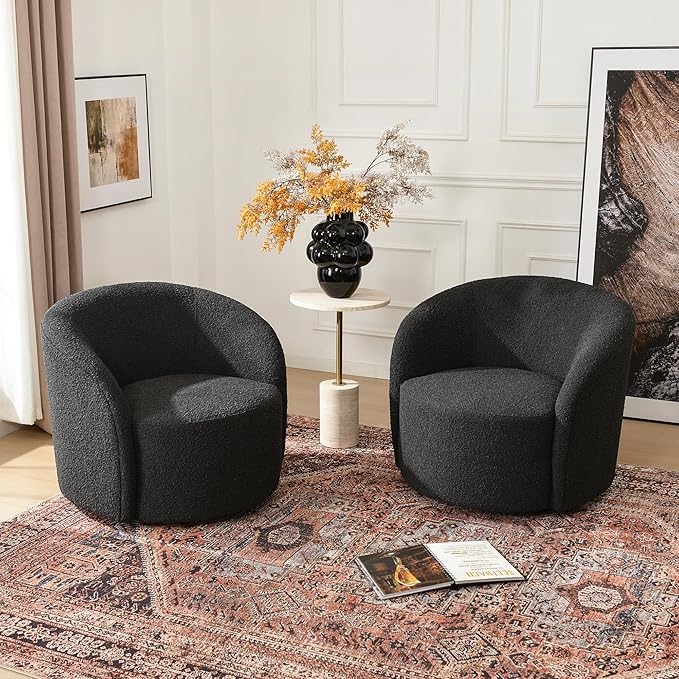 KINWELL 34" W Swivel Barrel Chair Set of 2, Mid Century Modern Round Upholstered Boucle Swivel Accent Chairs, No Assembly  Chair for Living Room Bedroom Reading, Black