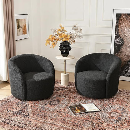KINWELL 34" W Swivel Barrel Chair Set of 2, Mid Century Modern Round Upholstered Boucle Swivel Accent Chairs, No Assembly  Chair for Living Room Bedroom Reading, Black
