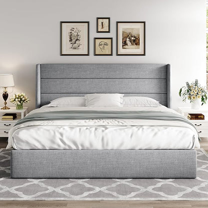 Allewie King Size Lift Up Storage Bed, Modern Wingback Headboard, Hydraulic Support, No Box Spring Needed, Light Grey