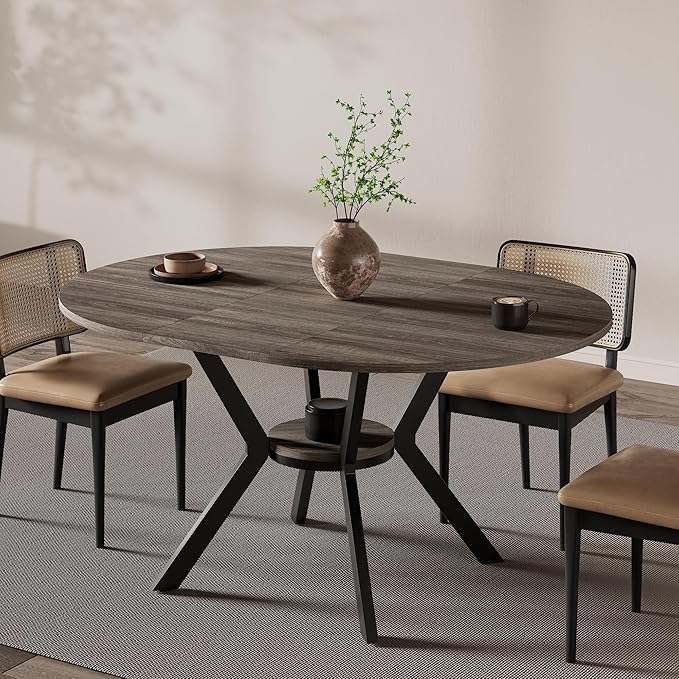 42"-58" Extendable Round Dining Table for 4-6, Kitchen Oval Table with Hidden Leaves & Storage Shelf, Space Saving Modern Design with Sturdy Metal Legs for Kitchen, Dining Room
