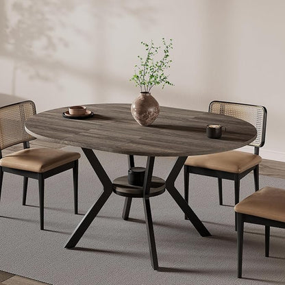 42"-58" Extendable Round Dining Table for 4-6, Kitchen Oval Table with Hidden Leaves & Storage Shelf, Space Saving Modern Design with Sturdy Metal Legs for Kitchen, Dining Room