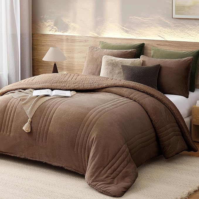Monbix Fluffy King Size Comforter Set Brown, Sherpa Plush Fuzzy Comforter 3 Piece for King Size Bed, Luxury Soft Winter Warm Bedding Set