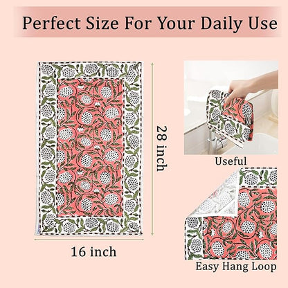 Ridhi Dark Salmon Pink Hand Block Print Waffle Kitchen Towel Set of 3-16 x28 Ultra Absorbent Quick Dry 100% Cotton Dish Towels Lightweight Reusable Sustainable Tea Towels for Cleaning and Drying