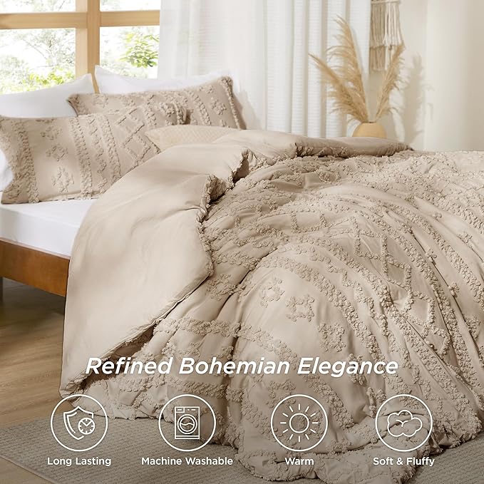 Bedsure Tufted Boho Comforter Set California King Size - Khaki Boho Bed Set, GentleSoft™ 3 Pieces Farmhouse Shabby Chic Embroidery Bedding, Gifts for Woman, Soft Jacquard Comforter for All Seasons