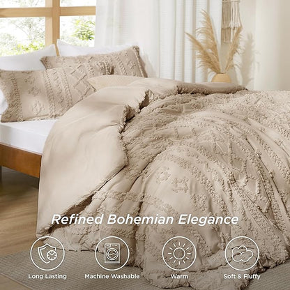 Bedsure Tufted Boho Comforter Set Queen Size - Khaki Boho Bed Set, GentleSoft™ 3 Pieces Farmhouse Shabby Chic Embroidery Bedding, Gifts for Woman, Soft Jacquard Queen Comforter for All Seasons