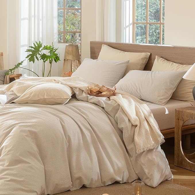 MooMee Striped Duvet Cover Set 100% Washed Cotton Linen Like Textured Breathable Durable Soft Comfy (Tannish Linen Grey White Pinstripes, Oversized Queen 98"x98")